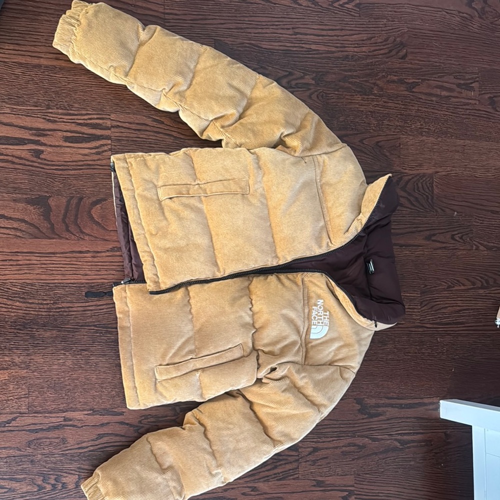 The North Face Tan Corduroy Puff Jacket with Dark Interior